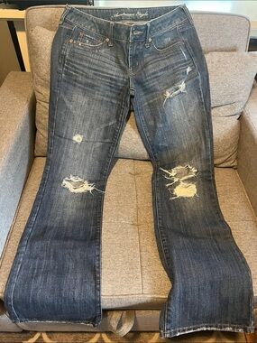 American Eagle Outfitters Distressed Dark Blue Wide Leg Jeans